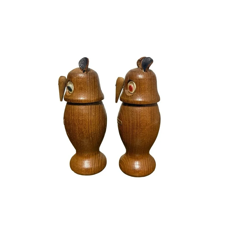 Vintage Wooden Owl Salt & Pepper Shakers 1960s Glass Eyes & Felt Ears Japan MCM